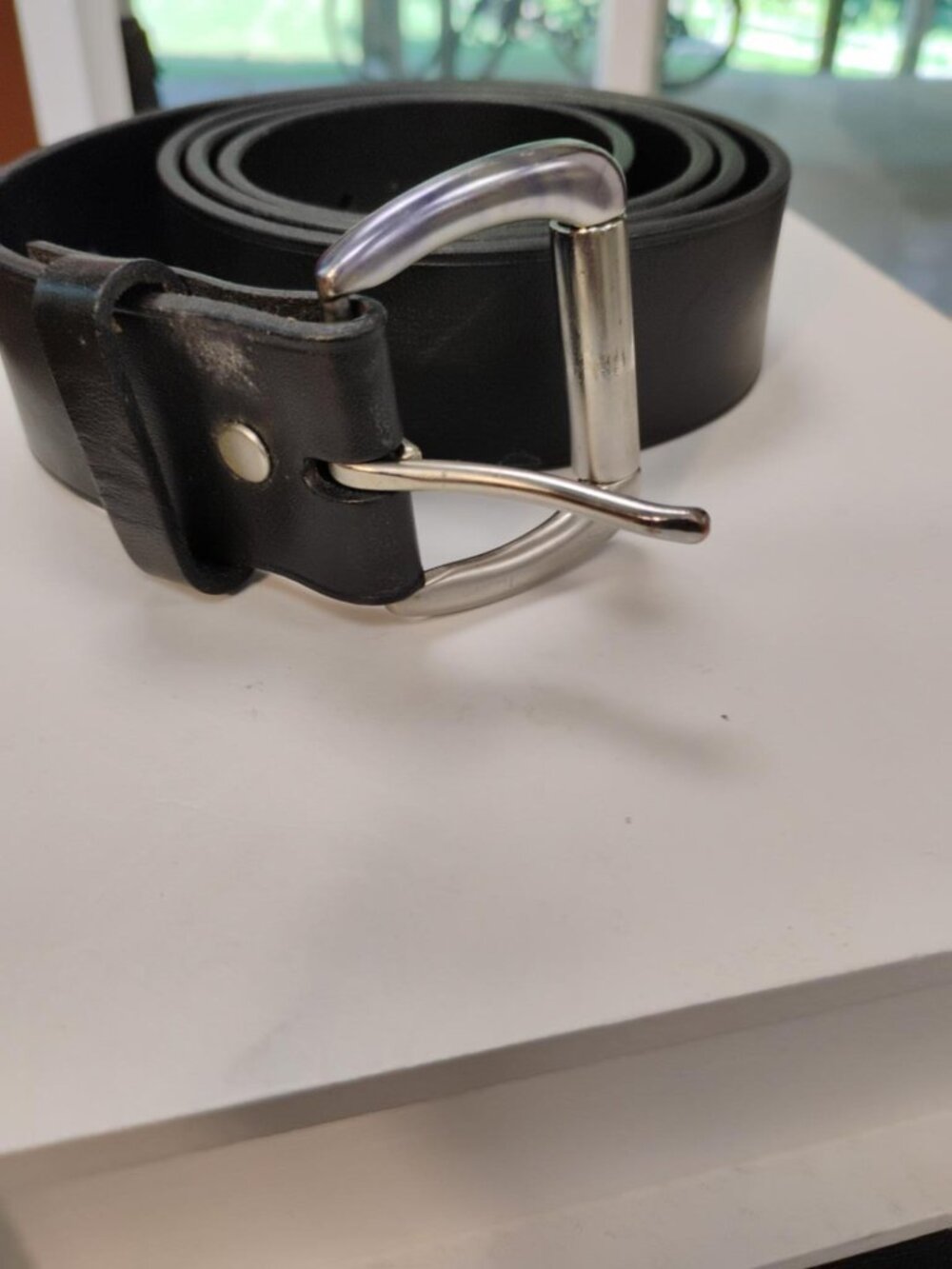 Lands’ End Men’s Black Genuine Leather Belt Size 42 Silver Buckle